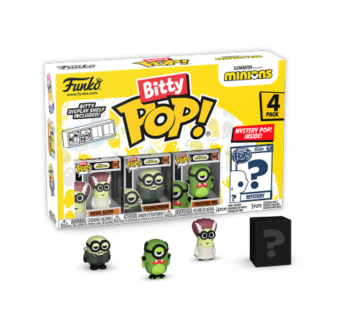 Купить фигурку Миньоны Битти 2,5 см (Bride Kevin, Frankenbob, Creature Mel and Mystery Bitty 4-pack) из мультфильма Minions — Funko POP Russia